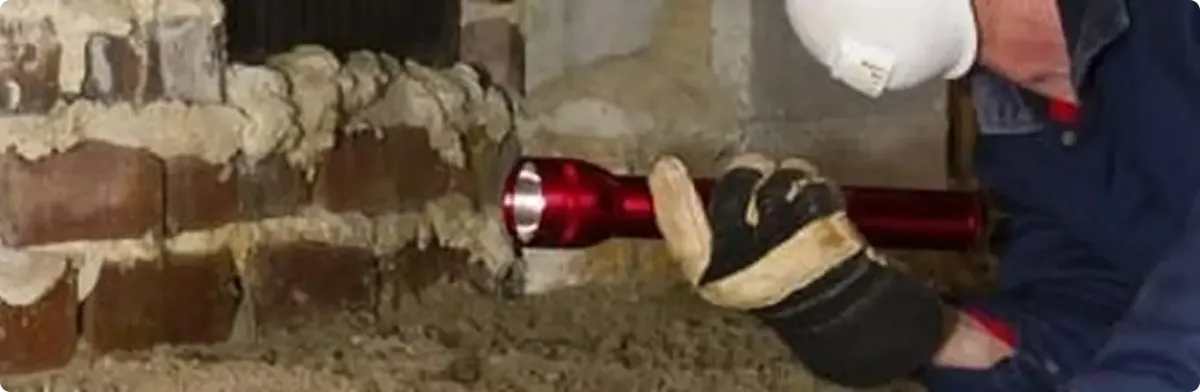 Pest control technician inspecting a crawl space for ant activity in Huntertown, IN