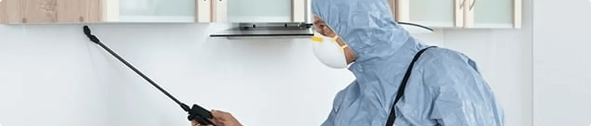 Pest control technician spraying along baseboards for indoor pest treatment in Fort Wayne, IN