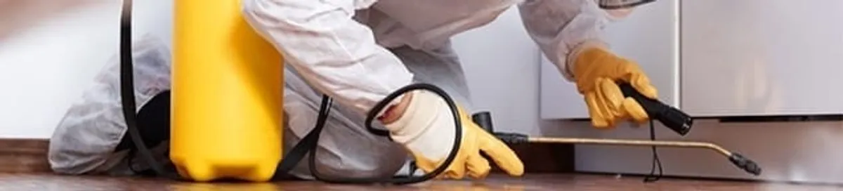 Roach exterminator treating cracks and crevices along kitchen baseboards in Fort Wayne, IN