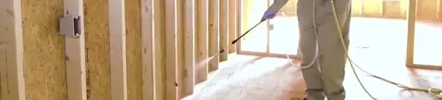 Termite treatment technician applying spray along framing and unfinished walls in Fort Wayne, IN